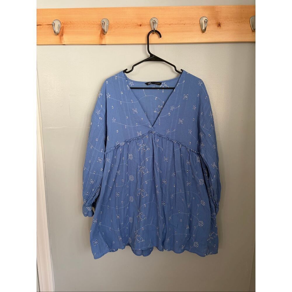 Zara Blue Eyelet Embroidered Babydoll Mini Dress Deep V Cotton Size Large